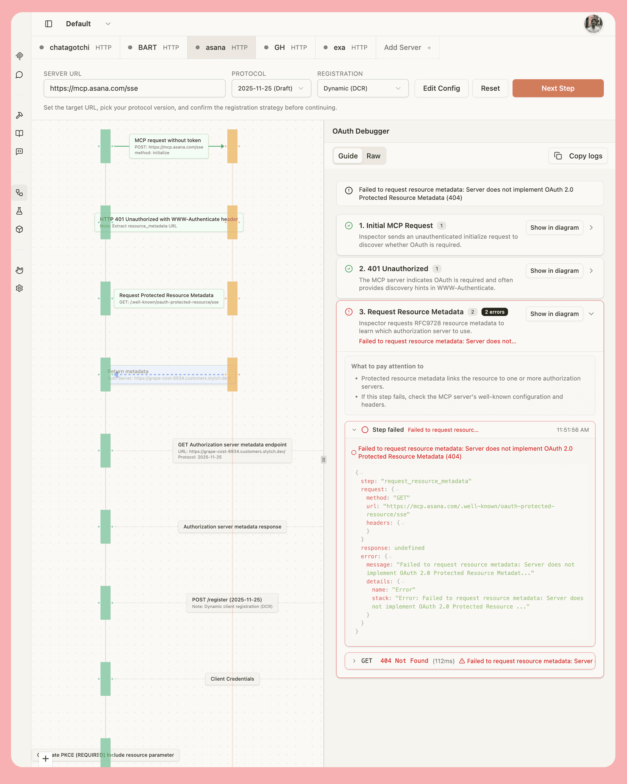 OAuth debugger guide panel showing step details and hints
